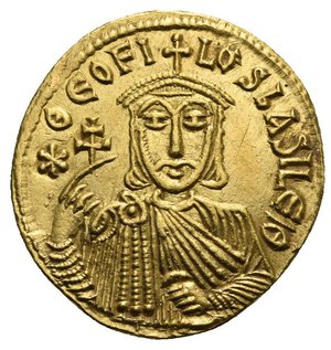 obverse: Theophilus, with Constantine and Michael II, 829-842. Solidus (Gold, 19,89 mm, 4,47 g), Constantinopolis, 830/1-840. ✱ΘЄOFILOS bASILЄ Θ Facing bust of Theophilus, wearing crown surmounted by cross and chlamys, holding patriarchal cross in his right hand and akakia in his left. Rev. +MIXAHL S COҺSTAҺTIҺ  Facing busts of Michael II and Constantine, each wearing crown surmounted by cross and chlamys; above, cross. DOC 3d. SB 1653. Well struck and attractive. Extremely Fine.
