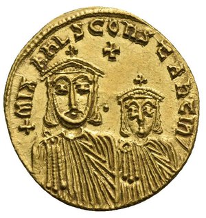 reverse: Theophilus, with Constantine and Michael II, 829-842. Solidus (Gold, 19,89 mm, 4,47 g), Constantinopolis, 830/1-840. ✱ΘЄOFILOS bASILЄ Θ Facing bust of Theophilus, wearing crown surmounted by cross and chlamys, holding patriarchal cross in his right hand and akakia in his left. Rev. +MIXAHL S COҺSTAҺTIҺ  Facing busts of Michael II and Constantine, each wearing crown surmounted by cross and chlamys; above, cross. DOC 3d. SB 1653. Well struck and attractive. Extremely Fine.
