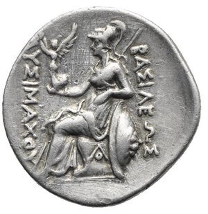 reverse: KINGS OF THRACE. Lysimachos, 305-281 BC. Drachm (Silver, 18.96 mm, 4.23 g) Uncertain mint in Western Asia Minor, circa 297/6-282/1 BC. Diademed head of deified Alexander wearing horn of Hammon right. Rev. LYΣIMAXOY vertical to left, BAΣIΛΕΩΣ vertical to right. Athena Nikephoros draped and wearing long crested helmet, seated on throne left, holding Nike to left on her right hand crowning the Lysimacho’s name, transverse spear behind her, resting the left arm bent on shield set vertical to right decorated with lion head, Λ O monogram on throne. Thompson - ; Muller - ; HGC 3, 1753 (for type). Very Fine. Rare.
From a European collection formed prior to 2005.
