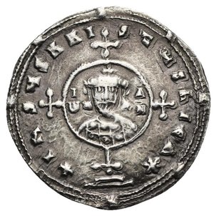 obverse: John I Tzimisces, 969-976. Miliaresion (Silver, 22.09 mm, 1.78 g) Constantinopolis. + IhSЧS KRI SτЧS nIKA * Cross crowned bust of John facing, wearing short beard and loros, within medallion with four crosses in orthogonal axes, the lower one set on two steps, Iω ΑΝ vertical flanking John’s portrait, all within double dotted and pearl circle. Rev. Legend in five lines: + Iω ΑΝΝ Єn Xω ΑVτω CRAτ ЄVSЄb bASILЄVS RωΜΑΙω four dots set in cross shape between two lines to upper and lower, all within double dotted and pearl circle. Sear 1792; DOC 7b.1. Very Fine.


