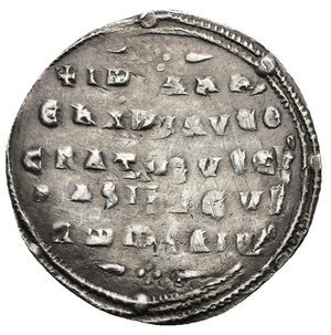 reverse: John I Tzimisces, 969-976. Miliaresion (Silver, 22.09 mm, 1.78 g) Constantinopolis. + IhSЧS KRI SτЧS nIKA * Cross crowned bust of John facing, wearing short beard and loros, within medallion with four crosses in orthogonal axes, the lower one set on two steps, Iω ΑΝ vertical flanking John’s portrait, all within double dotted and pearl circle. Rev. Legend in five lines: + Iω ΑΝΝ Єn Xω ΑVτω CRAτ ЄVSЄb bASILЄVS RωΜΑΙω four dots set in cross shape between two lines to upper and lower, all within double dotted and pearl circle. Sear 1792; DOC 7b.1. Very Fine.



