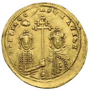 reverse: Basil II Bulgaroktonos, 976-1025. Histamenon (Gold, 24.97 mm, 4.38 g) Constantinopolis, 1001-1005. + IhS XIS RЄX RЄGNANTInm. Christ Pantokrator nimbate standing facing, wearing pallium and colobium and holding book of Gospels in the left hand, blessing with the right hand, rosette of dots on the cross arms of nimbus, dots on book. Rev. + bASIL C C [O] nSTANTIb R Facing busts of Basil to left, wearing crossed crown, beard and loros, and Constantine to right, unbearded and wearing cross crown and clamys adorned with dots and pearls, both holding a long patriarchal cross between them with the right hand, manus dei upon Basil’s head. DOC 4c. BN 13. Sear 1798. Minor scratch/cut on reverse, otherwise, Extremely Fine.  

