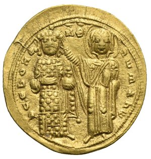 reverse: ROMANUS III, AD 1028-1034. Histamenon, Constantinoplis. (Gold 24,96 mm, 4,38 g) +IhS XIS RЄX - RЄGNANTInm Christ, nimbate, wearing tunic and himation, seated facing on square-backed throne, holding Book of Gospels in his l, hand, his r. hand raised in blessing; around, double border of dots. Rev. ΘCЄbOHΘ - RwmAnw Romanus, wearing, saccos and loros, standing facing, holding globe cruciger in his l. hand; he is crowned by the Virgin, nimbate, wearing pallium and maphorium; between their heads, MΘ; around, double border of dots. DO III/2, 716, 1c; Sear 1819. Good Very Fine.