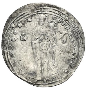 reverse: Romanus III Argyrus. 1028-1034. Miliaresion (Silver, 26,12 mm, 2,49 g). Small module. Constantinopolis mint. Struck 1030(?). + ΠΑΡΘЄΝЄ CΟΙ ΠΟΛVΑΙΝЄ (in you, Virgin much-praised), the Theotokos Hodegetria standing facing on daïs, holding Holy Infant; triple linear circular border with eight spaced pellets; M and Θ, each with macron above, across field. Rev. ΟC ΗΛΠΙΚЄ ΠΑΝ ΤΑ ΚΑΤΟPΘΟΙ ( [he] who has hoped, all things may set upright), Romanus, crowned and wearing loros, standing facing on daïs, holding long patriarchal cross and patriarchal cross on globus; triple linear circular border with eight spaced pellets. DOC (3b.1); BMC 7; SB 1822. Toned, scratches, otherwise, Very Fine, Very Rare. 