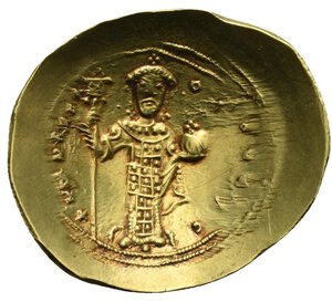 obverse: Constantinus X Ducas, 1059-1067. Histamenon Nomisma (Gold, 28.08 mm, 4.40 g) Constantinopolis. + IhIXILRCX (h and L inverted) SXISRCX RCζΝ ΛΝΤΙhm Christ facing seated on square-backed throne, wearing cross nimbus, tunic and himation, holding book of Gospels in the left hand and raising the right hand blessing, all within double border of dots. Rev. + ΚωΝRΛCΛ Ο ΔΟV KΛC Constantinus standing facing on cushion, wearing crown with dotted cross and pendilia, short beard and holding labarum with no pellet on shaft in the right hand and globus cruciger on the left hand, all within double border of dots. DOC III.2, 1a.1; Sear 1847. Extremely Fine.