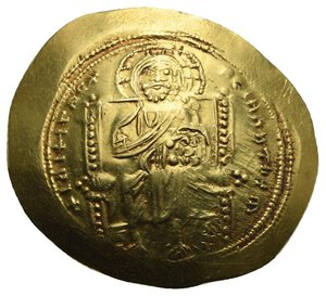 reverse: Constantinus X Ducas, 1059-1067. Histamenon Nomisma (Gold, 28.08 mm, 4.40 g) Constantinopolis. + IhIXILRCX (h and L inverted) SXISRCX RCζΝ ΛΝΤΙhm Christ facing seated on square-backed throne, wearing cross nimbus, tunic and himation, holding book of Gospels in the left hand and raising the right hand blessing, all within double border of dots. Rev. + ΚωΝRΛCΛ Ο ΔΟV KΛC Constantinus standing facing on cushion, wearing crown with dotted cross and pendilia, short beard and holding labarum with no pellet on shaft in the right hand and globus cruciger on the left hand, all within double border of dots. DOC III.2, 1a.1; Sear 1847. Extremely Fine.