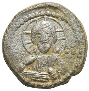 obverse: Romanus IV Diogenes, 1068-1071. Anonymous follis (Bronze, 27 mm, 10.09 g) Constantinopolis. Nimbate bust of Christ Pantokrator facing, wearing tunic and pallium, holding akakia in the left hand and blessing with the right hand. IC XC flanking to outer left and right respectively. Rev. Facing bust of the Theotokos (the Virgin Mary) orans wth open arms, wearing pallium and maphorium, monograms MP and ΘV flanking to outer left and right respectively. DOC, Class G, 1-28; Sear 1867. Very Fine. 