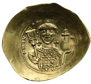 obverse: Michael VII Ducas, 1071-1078. Histamenon Nomisma (Electrum, 30.00 mm, 4.35 g) Constantinopolis. + MΙΧ ΑΗΛ […] Michael half-length standing facing, wearing crown with cross of dots, short beard and loros, holding labarum with pellet on shaft in the right hand and globus cruciger on the left hand, all within double dotted border. Rev. Bust of Christ Pantokrator standing facing, with cross nimbus decorated with square and dots, wearing tunic and himation, holding book of Gospels decorated with dots and drops in the left hand and raising the right hand blessing, IC XC flanking Christ’s bust, all within double dotted border. DOC III.2, 2d.1; Sear 1868. Good very Fine.