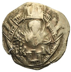 obverse: Andronicus II Paleologus with Michael IX, 1282-1328. Hyperpyron (Electron, 22.60 mm, 3.27 g) Constantinopolis, 1294-1320. Half-length figure of the Theotokos (Virgin Mary) nimbate, standing facing, orans, within city walls with four towers, star to both sides of the Virgin, K to left, N to right. Rev. Christ nimbate standing facing in the middle, blessing with the hands above their heads Andronicus to left and Michael right, standing facing, both crowned. To outer left and right the names vertical of the emperors, IC XC flanking Christ on top, all within double dotted circle. Sear 2396; DOC V, 235. Nearly Very Fine.
From a Swiss collection, formed before 2005.
