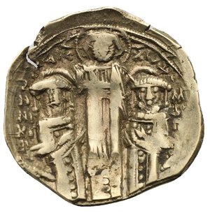reverse: Andronicus II Paleologus with Michael IX, 1282-1328. Hyperpyron (Electron, 22.60 mm, 3.27 g) Constantinopolis, 1294-1320. Half-length figure of the Theotokos (Virgin Mary) nimbate, standing facing, orans, within city walls with four towers, star to both sides of the Virgin, K to left, N to right. Rev. Christ nimbate standing facing in the middle, blessing with the hands above their heads Andronicus to left and Michael right, standing facing, both crowned. To outer left and right the names vertical of the emperors, IC XC flanking Christ on top, all within double dotted circle. Sear 2396; DOC V, 235. Nearly Very Fine.
From a Swiss collection, formed before 2005.

