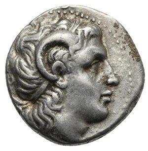 obverse: KINGS OF THRACE. Lysimachos, 305-281 BC. Drachm (Silver, 18.75 mm, 4.29 g) Ephesos, 294-287 BC. Diademed head of deified Alexander right, wearing horn of Ammon. Rev. ΒΑΣΙΛΕΩΣ  ΛΥΣΙΜΑΧΟΥ Athena Nikephoros draped and seated left on throne, wearing crested helmet, holding Nike on the right hand crowning the king’s name with laurel wreath to left, resting the left arm bent on shield set vertical to right and decorated with lion’s head seen in profile, cithara to inner left behind Athena’s right knee, A on throne. Thompson 174; HGC 3, 1753d; Muller 355. Deposits. Good Very Fine.
From a European collection formed prior to 2005.

