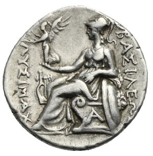 reverse: KINGS OF THRACE. Lysimachos, 305-281 BC. Drachm (Silver, 18.75 mm, 4.29 g) Ephesos, 294-287 BC. Diademed head of deified Alexander right, wearing horn of Ammon. Rev. ΒΑΣΙΛΕΩΣ  ΛΥΣΙΜΑΧΟΥ Athena Nikephoros draped and seated left on throne, wearing crested helmet, holding Nike on the right hand crowning the king’s name with laurel wreath to left, resting the left arm bent on shield set vertical to right and decorated with lion’s head seen in profile, cithara to inner left behind Athena’s right knee, A on throne. Thompson 174; HGC 3, 1753d; Muller 355. Deposits. Good Very Fine.
From a European collection formed prior to 2005.

