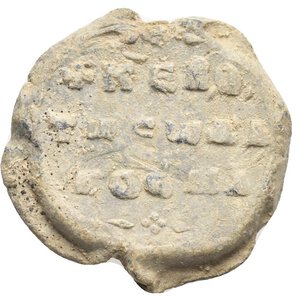reverse: Byzantine Lead Seals. Kosmas, 11th century (Lead, g 12,04, mm 24). Θ  / N / I - K / O / Λ Facing bust of St. Nicholas, offering a blessing and holding Gospels. Rev. + KE [R] Θ / Tω Cω ΔO / KOCMA, 