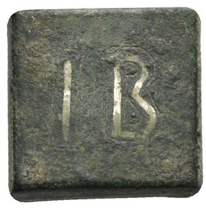 obverse: BYZANTINE. 4th-6th centuries. Weight of 12 Scripula or 12 Grammata (Orichalcum, 17,90 x 17,20 mm, 13,50 g) A uniface square coin weight with plain edges. IB engraved in outline and inlaid in silver. Rev. Blank. MAH 279 = Pondera 12338. Good Very Fine.
