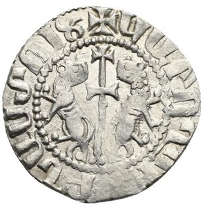 reverse: ARMENIA, Cilician Armenia. Royal. Levon I. 1198-1219. Tram (Silver, mm, g). Levon King of all the Armenians  (in Armenian) Levon seated facing on throne decorated with lions, placing his feet on footstool, holding globus cruciger in his right hand and fleur-de-lis in his left. Rev.  By the Will of God  (in Armenian) Two lions rampant back-to-back, each with heads reverted; patriarchal cross between them. AC 290/294 (obv./rev.). Very Fine