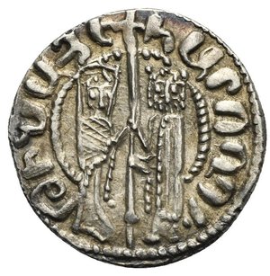 obverse: ARMENIA, Cilician Armenia. Royal. Hetoum I and Zabel, 1226-1270. Tram (Silver, 21,86 mm, 3.01 g). Zabel and Hetoum standing facing one another, each crowned with head facing and holding long cross between. Rev. Crowned lion advancing right, his head facing, holding long cross. AC 336. CCA 906 var. (long cross decorated). Beautifully toned and perfectly sharp. Extremely Fine. 
