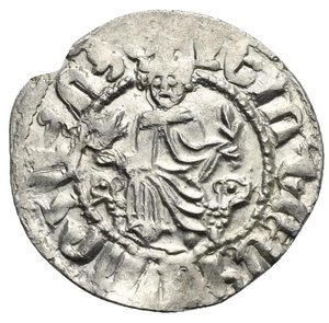 obverse: ARMENIA, Cilician Armenia. Royal. Oshin, 1308-1320. Tram (Silver, 23,95 mm, 2,81 g) Oshin seated facing on throne decorated with lions, holding cross and lis, with feet resting upon footstool; manus Dei in benediction in right field / Two lions rampant back-to-back, each with heads reverted; cross pattée set on spear between. AC 438; CCA 1845. Very Fine.