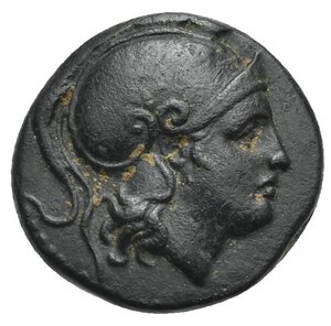 obverse: KINGS OF THRACE. Lysimachos, circa 305-281 BC. (Bronze, 17.74 mm, 4.28 g). Lysimacheia. Head of Athena to right, wearing crested Attic helmet. Rev. ΒΑΣΙΛΕΩΣ ΛΥΣΙΜΑΧΟΥ Lion leaping right; below, EM monogram between kerykeion and spearhead. Müller 76. SNG Copenhagen 1153. SNG Tübingen 963. Dark patina, some deposits. Good Very Fine.
From a European collection, formed before 2005.