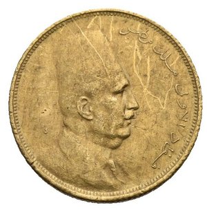 obverse: EGYPT. Fuad I, AH 1341-1355 (1922-1936). 20 Piastres AH 1341, (1923). (Gold, 15 mm, 1,70 g). London mint. Bust of Fuad in civilian dress left. Rev. value and date. KM 339; Fridberg 105. Very Fine.