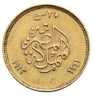 reverse: EGYPT. Fuad I, AH 1341-1355 (1922-1936). 20 Piastres AH 1341, (1923). (Gold, 15 mm, 1,70 g). London mint. Bust of Fuad in civilian dress left. Rev. value and date. KM 339; Fridberg 105. Very Fine.