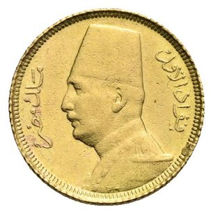 obverse: EGYPT. Fuad I, AH 1341-1355 (1922-1936). 20 Piastres AH 1348 (1929). (Gold 15 mm, 1.70 g), London mint.  Bust of king Fuad I wearing military attire to left. Rev. 20 Qirsh The Egyptian Kingdom 1929 1348 in Arabic; edge milled. KM 351; Friedberg 109 (34). About Extremely Fine.