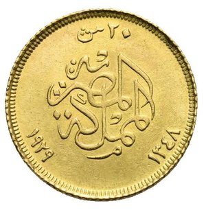 reverse: EGYPT. Fuad I, AH 1341-1355 (1922-1936). 20 Piastres AH 1348 (1929). (Gold 15 mm, 1.70 g), London mint.  Bust of king Fuad I wearing military attire to left. Rev. 20 Qirsh The Egyptian Kingdom 1929 1348 in Arabic; edge milled. KM 351; Friedberg 109 (34). About Extremely Fine.