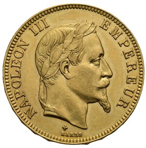 obverse: FRANCE. Napoleon III, 1852-1870. 100 Francs 1867 BB (Gold, 35 mm, 32.25 g) Strasbourg. NAPOLEON III EMPEREUR. Laureated head of Napoleon III to right. BARRE in exergue. Rev. EMPIRE FRANÇAIS 100 FRs. Ecu decorated with an eagle on a beam surrounded by the collar of the Legion of Honor; BB 1867 anchor in exergue. Gadoury 1136; Friedberg 551. Extremely Fine. Mintage 2807.
