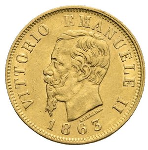 obverse: ITALY. Regno d Italia. Vittorio Emanuele II, 1861-1878. 20 Lire 1863 (Gold, 18.5 mm, 3.23 g, 6 h), Milano. VITTORIO EMANUELE II Head of Vittorio Emanuele II to left, 1863 below. Rev. REGNO D ITALIA Crowned arms between laurel branches, value L•10 below. Pagani 477; Montenegro 155; Friedberg 15. Good Very Fine.
