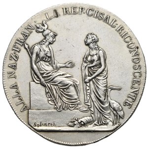 obverse: MILAN. Repubblica Cisalpina, 1800-1802. Scudo da 6 lire anno VIII-1800. (Silver, 39.69 mm. 23.04 g). ALLA NAZ FRAN LA REP CISAL RICONOSCENTE France sitting on a throne, dressed in the Antique style, holding spear, is welcoming Cisalpine Republic standing in front of her in the act of gratitude. Near her a pelican, at her feet, a cornucopia of flower and fruits. Rev. SCVDO DI LIRE SEI 27 PRATILE ANNO VIII in four lines within oak wreath. Pagani 8; Davenport 199; MIR 477. Extremely Fine.