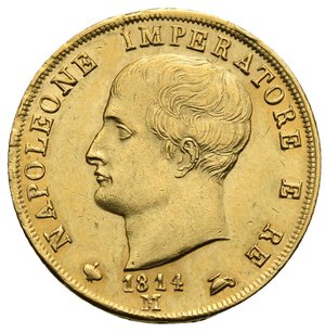 obverse: MILAN. Napoleon I, 1805-1814. 40 Lire 1814 (Gold, 26.25 mm, 12.88 g). Milan mint. NAPOLEONE IMPERATORE E RE Bare head to left; date above M below, with pomegranate and inverted cup to either side. Rev. REGNO D ITALIA Crowned and mantled eagle facing, head to left, coat-of-arms within collar on breast; crossed halberds behind, denomination below. Pagani 17; Crippa 25G; MIR 488/7;  KM 12; Friedberg 5. Probably previously mounted, otherwise, Good Very Fine.