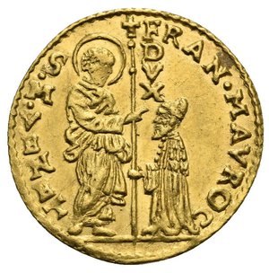 obverse: VENEZIA. Francesco Morosini, 1688-1694. Zecchino (Gold, 21,40 mm, 3,49 g) FRAN MAVROC S M VENET DVX. St. Mark standing right and Doge kneeling left, holding long cross between them. R/ SIT T XPE DAT Q TV REGIS ISTE DVCAT. Christ standing facing within mandorla containing sixteen stars. Paolucci p. 111, n. 4; Friedberg 1347. Extremely Fine.