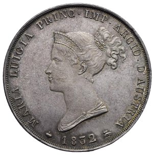 obverse: PARMA. Maria Luigia of Austria, Duchess of Parma, Piacenza and Guastalla, 1815-1847. 5 Lire 1832. (Silver, 37,32 mm, 24.97 g). MARIA LUIGIA PRINC•IMP•ARCID•D AUSTRIA Diademed head of Maria left; hair tied with plaits in chignon; 1832 below, cantharus to right, onion to left of date. Rev. PER LA GR•DI DIO DUCH•DI PARMA PLAC•E GUAST• Coat of arms on crowned tapestry and St. George. 5.Lire below. Edge with incuse legend DOMINE DIRIGE ME. CNI 16; KM 30. Toned Extremely Fine. 