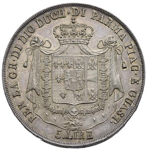 reverse: PARMA. Maria Luigia of Austria, Duchess of Parma, Piacenza and Guastalla, 1815-1847. 5 Lire 1832. (Silver, 37,32 mm, 24.97 g). MARIA LUIGIA PRINC•IMP•ARCID•D AUSTRIA Diademed head of Maria left; hair tied with plaits in chignon; 1832 below, cantharus to right, onion to left of date. Rev. PER LA GR•DI DIO DUCH•DI PARMA PLAC•E GUAST• Coat of arms on crowned tapestry and St. George. 5.Lire below. Edge with incuse legend DOMINE DIRIGE ME. CNI 16; KM 30. Toned Extremely Fine. 