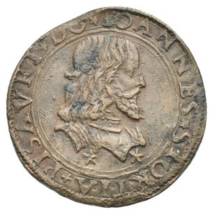 obverse: PESARO. Giovanni Sforza, Lord of Pesaro, 1489-1510. Soldo. (Rame, 21.28 mm, 2.71 g). IOANNES SFORTIA PISAVRI DO Armoured bust right with long hair and pointed beard; below the cut of the bust, two small stars. Rev. PV BLICAE COMMO DITA TI In the field on five lines. CNI 92. Very Fine.