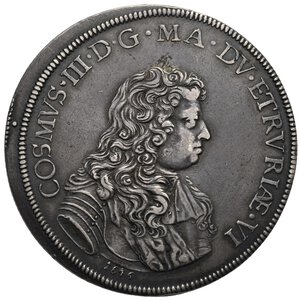 obverse: FIRENZE. Cosimo III de’Medici, 1670-1723. Piastra 1676 (Silver, 46 mm, 31.06 g). COSMVS III D G MA DV ETRURIAE VI. Draped and cuirassed bust to right; 1676 below. Rev. FILIVS MEVS DILECTVS. St. John the Baptist baptises Christ on the bank of the river Jordan; a dove above; branches and mountains in the background. CNI XII, 388, 7; Galeotti VII; Di Giulio p.108, n. 115 Ba; Ravegnani Morosini II, 383, 2; MIR 326/2; Davenport 4209. About Extremely Fine.