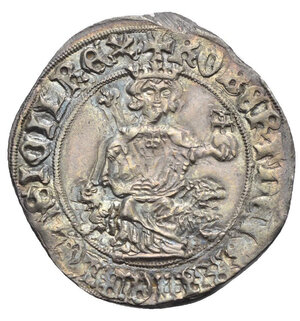 obverse: NAPOLI. Kingdom of Neaples. King Roberto d’Angiò, 1309-1343. 1 Carlino or 1 Gigliato. (Silver, 27 mm, 3.94 g). ✠ ROBERT DEI GRA IERL ET SICIL REX The king, crowned, sitting facing between two lions with scepter in his right hand and crucigerous orb in his left. Rev. ✠ hONOR REGIS IUDICIU DILIGIT Floral cross with lily in each quarter. Pannuti-Riccio 2; Biaggi 1634. MEC 14, 706. MIR 28. Toned Extremely Fine.
Robert d Anjou, was known as Robert the Wise. He was King of Naples, King of Jerusalem and Count of Provence and Forcalquier from 1309 to 1343.
