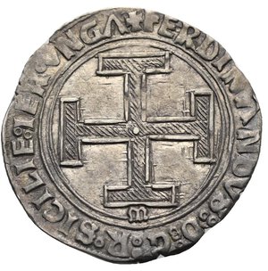 reverse: NAPOLI. Kingdom of Neaples. Ferdinando I d Aragona (Ferrante), 1458-1494  Coronato. 1462-1472.  ⦂ CORONATVS ⦂ Q ⦂ LEGITIME ⦂ CERTAV ⦂, Ferdinando enthroned facing, holding sceptre and globus cruciger, being crowned by cardinal standing to right, bishop standing to left. Rev. ✠ FERDINANDVS D G R SI IER VNG Cross potent; ᙏ below (Antonio Miroballo, mint master). MEC 1003-7; MIR 66/3; Pannuti-Riccio 12b.Toned. Near Extremely Fine.