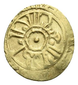 obverse: KINGDOM OF SICILY. Ruggero II, 1130-1154. Tarì (Gold, 13.00 mm, 1.02 g), Messina or Palermo mint. Struck after the reform of 1140. Pellet in pelleted circle within kufic legend. Rev. Cross on a long rod; on the sides, IC - XC / NI – KA; all within a double circle. Spahr 69. MIR 22 and 431. Very Fine.

