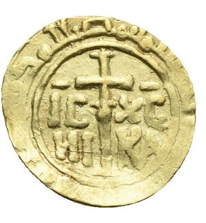 reverse: KINGDOM OF SICILY. Ruggero II, 1130-1154. Tarì (Gold, 13.00 mm, 1.02 g), Messina or Palermo mint. Struck after the reform of 1140. Pellet in pelleted circle within kufic legend. Rev. Cross on a long rod; on the sides, IC - XC / NI – KA; all within a double circle. Spahr 69. MIR 22 and 431. Very Fine.

