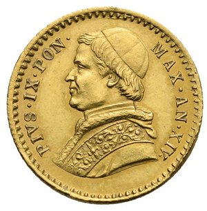 obverse: PAPAL STATES. Pius IX, 1846-1878. 2.50 Scudi 1859-XIV (Gold, 19 mm, 4,32 g). Rome mint.  PIVS • IX • PON • MAX • AN • XIV • Bust left, wearing zucchetto, mozzetta, and pallium. Rev. SCVDI 2.50 1859; all within laurel wreath; mintmark in exergue. Pagani 368; Montenegro 99; Gigante 30KM 1117; Friedberg 273. Extremely Fine.