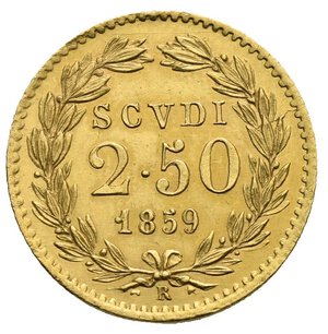 reverse: PAPAL STATES. Pius IX, 1846-1878. 2.50 Scudi 1859-XIV (Gold, 19 mm, 4,32 g). Rome mint.  PIVS • IX • PON • MAX • AN • XIV • Bust left, wearing zucchetto, mozzetta, and pallium. Rev. SCVDI 2.50 1859; all within laurel wreath; mintmark in exergue. Pagani 368; Montenegro 99; Gigante 30KM 1117; Friedberg 273. Extremely Fine.