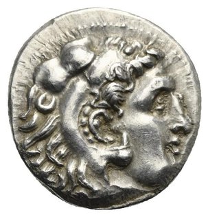 obverse: KINGS OF MACEDON. Antigonos I Monophthalmos. As Strategos of Asia, 320-305 BC. Drachm (Silver, 17.66 mm, 4.27  g). In the name and types of Alexander III. Sardes mint, circa 319-315 BC. Head of Herakles to right, wearing lion s skin headdress. Rev. [AΛE]ΞANΔPOY Zeus seated left on low throne, holding eagle with closed wings in his extended right hand and scepter in his left; below throne,monogram and Δ above; in field to left, monogram K in circle. Price 2685. ADM I Series XX, 403c. Toned. Underlying luster, Extremely fine.

