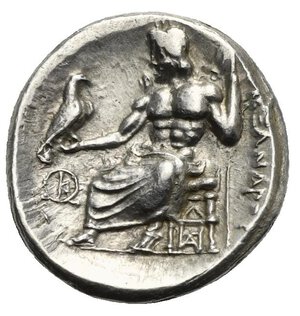 reverse: KINGS OF MACEDON. Antigonos I Monophthalmos. As Strategos of Asia, 320-305 BC. Drachm (Silver, 17.66 mm, 4.27  g). In the name and types of Alexander III. Sardes mint, circa 319-315 BC. Head of Herakles to right, wearing lion s skin headdress. Rev. [AΛE]ΞANΔPOY Zeus seated left on low throne, holding eagle with closed wings in his extended right hand and scepter in his left; below throne,monogram and Δ above; in field to left, monogram K in circle. Price 2685. ADM I Series XX, 403c. Toned. Underlying luster, Extremely fine.

