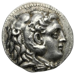 obverse: KINGS OF MACEDON. Alexander III  the Great , 336-323 BC. Tetradrachm (Silver, 28.17 mm, 17.12 g). Posthumous issue in the name and types of Alexander III. Babylon, circa 317-311 BC. Head of Herakles to right, wearing lion s skin headdress. Rev. [ΒAΣIΛEΩΣ] / AΛEΞANΔPOY Zeus seated left on throne, holding eagle with closed wings in his extended right hand and scepter in his left; below throne, monogram within circle; in field to left, monogram within wreath. Price 3734. SNG Cop. 842. Muller 720. Light toned. Extremely Fine.
From a European collection formed prior to 2005.