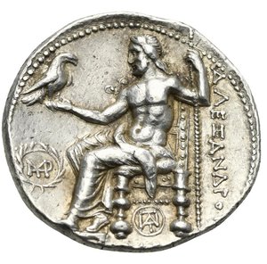 reverse: KINGS OF MACEDON. Alexander III  the Great , 336-323 BC. Tetradrachm (Silver, 28.17 mm, 17.12 g). Posthumous issue in the name and types of Alexander III. Babylon, circa 317-311 BC. Head of Herakles to right, wearing lion s skin headdress. Rev. [ΒAΣIΛEΩΣ] / AΛEΞANΔPOY Zeus seated left on throne, holding eagle with closed wings in his extended right hand and scepter in his left; below throne, monogram within circle; in field to left, monogram within wreath. Price 3734. SNG Cop. 842. Muller 720. Light toned. Extremely Fine.
From a European collection formed prior to 2005.
