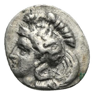 obverse: CALABRIA. Tarentum, circa 380-325 BC. Diobol (Silver, 13.60 mm, 1.12 g) Head of Athena left, wearing long crested attic helmet decorated with Skylla throwing to left, Σ retrograde on neck-guard, X behind. Rev. TAPA N[TINΩN] around on top. Herakles nude standing to right and strangling the Nemean Lion opposing a paw on his left leg forward, club to left, X between Herakle’s legs. Vlasto 1238; HN Italy 914; SNG ANS 1362. Very Fine. 
From a Swiss collection, formed before 2005.

