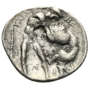 reverse: CALABRIA. Tarentum, circa 380-325 BC. Diobol (Silver, 13.60 mm, 1.12 g) Head of Athena left, wearing long crested attic helmet decorated with Skylla throwing to left, Σ retrograde on neck-guard, X behind. Rev. TAPA N[TINΩN] around on top. Herakles nude standing to right and strangling the Nemean Lion opposing a paw on his left leg forward, club to left, X between Herakle’s legs. Vlasto 1238; HN Italy 914; SNG ANS 1362. Very Fine. 
From a Swiss collection, formed before 2005.

