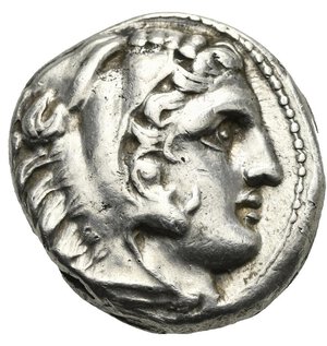obverse: KINGS OF MACEDON. Alexander III  the Great , 336-323 BC. Tetradrachm (Silver, 25.10 mm, 17.10 g). Posthumous issue in the name and types of Alexander III. Amphipolis, circa 315-294 BC. Head of Herakles to right, wearing lion s skin headdress. Rev. [A]ΛEΞANΔPOY Zeus seated left on throne, holding eagle with closed wings in his extended right hand and scepter in his left; below throne, star; in field to left, Λ above torch. Price 474. SNG Cop. 698. Müller 62. Very Fine. 
