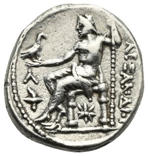 reverse: KINGS OF MACEDON. Alexander III  the Great , 336-323 BC. Tetradrachm (Silver, 25.10 mm, 17.10 g). Posthumous issue in the name and types of Alexander III. Amphipolis, circa 315-294 BC. Head of Herakles to right, wearing lion s skin headdress. Rev. [A]ΛEΞANΔPOY Zeus seated left on throne, holding eagle with closed wings in his extended right hand and scepter in his left; below throne, star; in field to left, Λ above torch. Price 474. SNG Cop. 698. Müller 62. Very Fine. 
