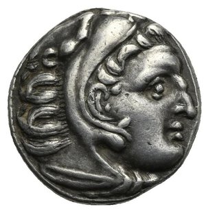 obverse: KINGS OF MACEDON. Alexander III  the Great , 336-323 BC. Drachm (Silver, 17.64 mm, 4.14  g). Posthumous issue in the name and types of Alexander III. Kolophon, circa 310-301 BC. Head of Herakles to right, wearing lion s skin headdress. Rev. AΛEΞANΔPOY Zeus seated left on throne, holding eagle with closed wings in his extended right hand and scepter in his left; below throne, crescent; in field to left, monogram KA. Price 1825. SNG Cop. 912. Muller 275. Toned. Good Very Fine.
From a European collection formed prior to 2005.